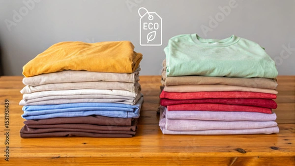 Obraz Waste reduction strategy for eco friendly clothing shown with neatly folded shirts wooden table