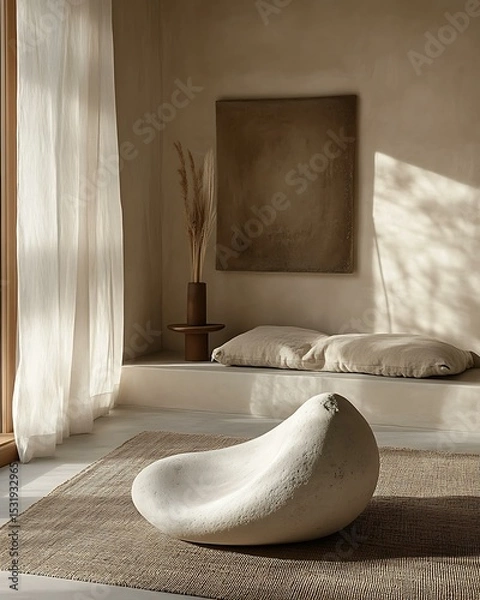 Obraz Tactile silence retreat bedroom with raw linen bedding, beige clay wall, and handcrafted ceramic lamp Textural Neutral Calm Interiors Natural Silence-Focused Design