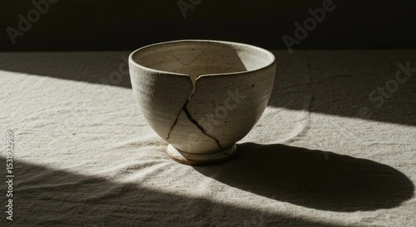 Fototapeta Minimalist still life of a cracked ceramic bowl on textured fabric, bathed in dramatic light and shadow. Capturing the beauty of imperfection and w...