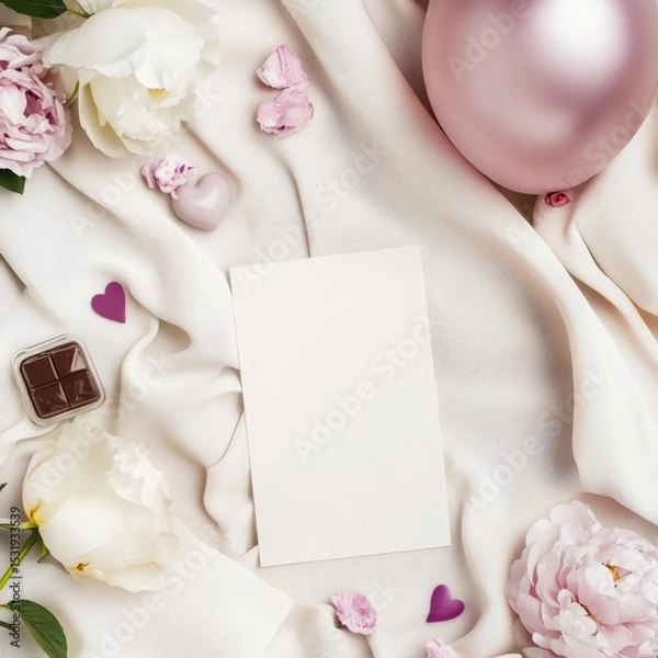 Fototapeta Blank card rests on elegant white fabric surrounded by pink and white flowers, heart shaped decorations, and piece of chocolate, creating romantic and serene atmosphere