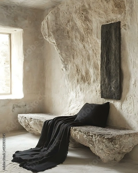 Obraz Neo-archaic minimal chamber in near-monochrome scheme, with stone bench and soot-black wool blanket Primitive-Modern Fusion Interiors Stone Wood Ritualist Aesthetic