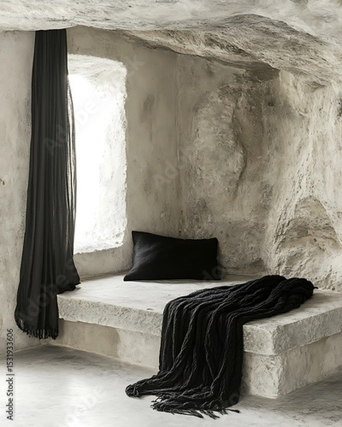 Obraz Neo-archaic minimal chamber in near-monochrome scheme, with stone bench and soot-black wool blanket Primitive-Modern Fusion Interiors Stone Wood Ritualist Aesthetic