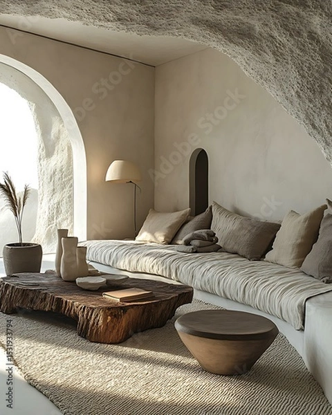 Obraz Neo-archaic minimal chamber with bone-colored clay lamps, rugged rock slab side table, and ash gray textiles Primitive-Modern Fusion Interiors Stone Wood Ritualist Aesthetic