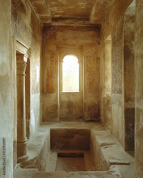 Obraz Neo-archaic minimal chamber with recessed alcove niche, troweled walls, and ancient motif carvings Primitive-Modern Fusion Interiors Stone Wood Ritualist Aesthetic