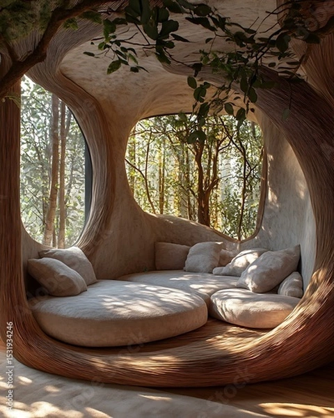 Obraz Forest mind pod room combining sculptural natural elements, shadow-soft lighting, and tranquil nesting palette Sensory Forest Cocoon Design Organic Minimal Sleep Sanctuary