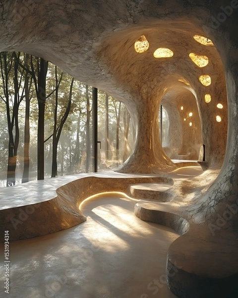 Obraz Forest mind pod room combining sculptural natural elements, shadow-soft lighting, and tranquil nesting palette Sensory Forest Cocoon Design Organic Minimal Sleep Sanctuary