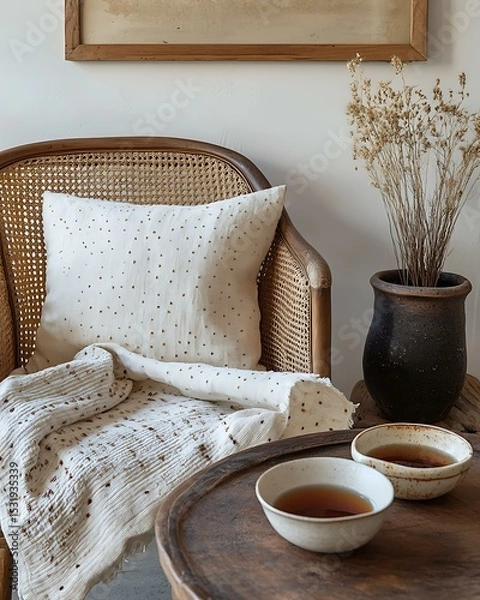 Obraz Vintage tea and textile nest featuring a cane-back chair, Sashiko-stitched throw, and ceramic tea bowl set Global Vintage Tea Corners Boho Cultural Softness Bedroom