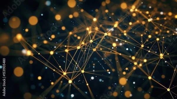 Fototapeta Abstract network of glowing golden lines and points on dark background