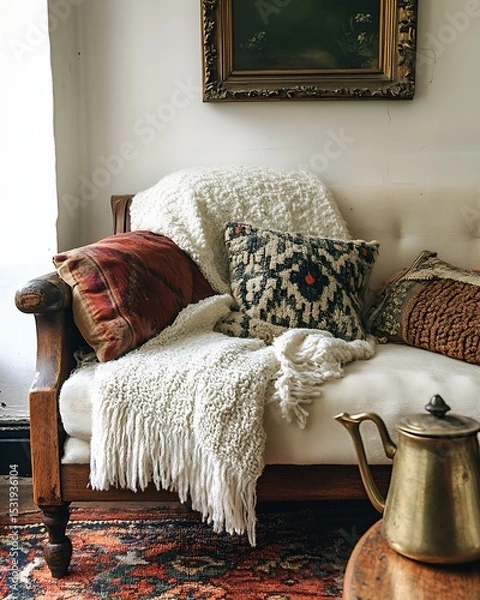 Obraz Vintage tea and textile nest with oriental rug layering, handwoven linen throws, and vintage brass kettle Global Vintage Tea Corners Boho Cultural Softness Bedroom
