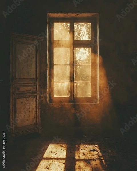 Obraz Temporal fade room showcasing distressed wardrobe, clouded glass window, and warm dusty light Faded Memory Interior Design Aging Surface Aesthetic Bedroom