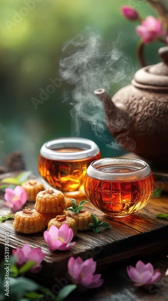 Fototapeta Steaming tea in glass cups with mooncakes and teapot surrounded by pink flowers creates serene and inviting atmosphere