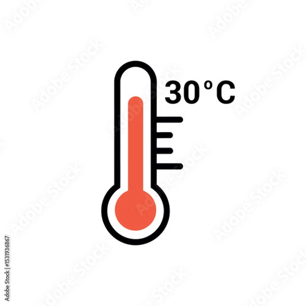 Obraz Thermometer at 30 Degrees Celsius on White Background, Medical Icon Symbolizing Temperature