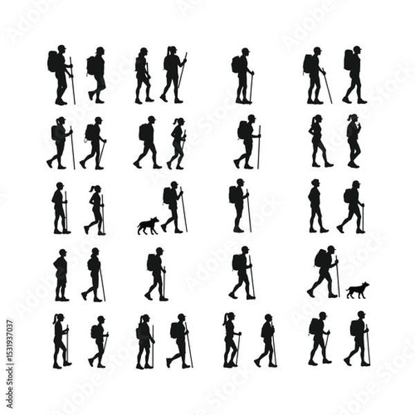 Obraz Hiking silhouettes collection diverse backpackers trekking