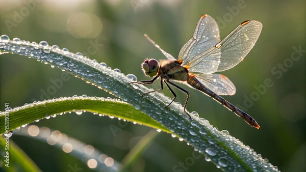 Fototapeta Dragonfly resting on a dewy leaf, showcasing intricate wing patterns and morning light 