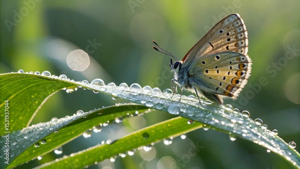 Fototapeta A butterfly perched on a dew covered leaf, showcasing intricate wing patterns in a serene natural setting
