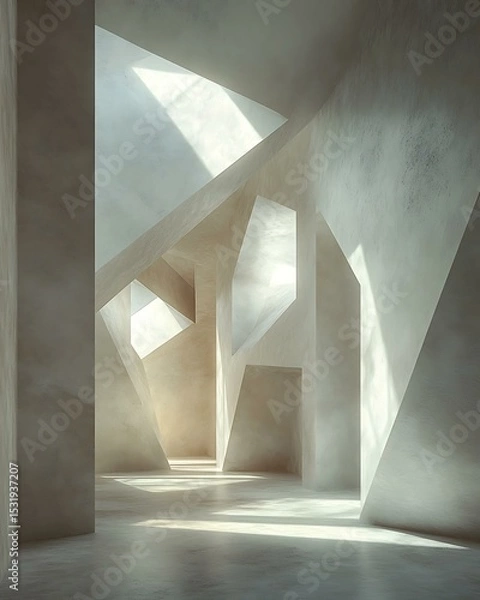 Obraz Shadow geometry suite featuring soft sculpted geometry walls and window-cast rectangular shadows Architectural Shadow Interior Geometric Light and Silence Design
