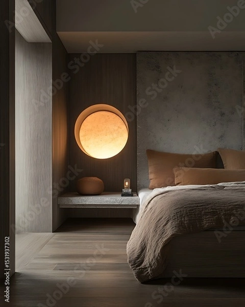 Obraz Shadow geometry suite showcasing circular headboard shadow play and modular stone textures Architectural Shadow Interior Geometric Light and Silence Design