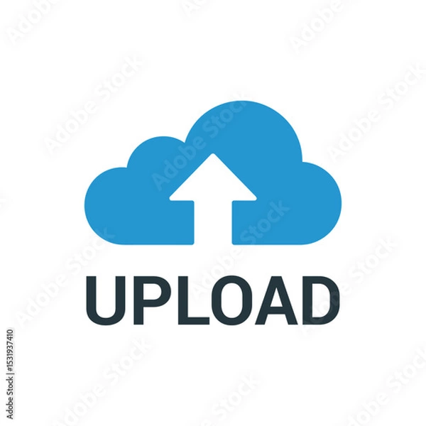 Obraz Blue cloud with upward arrow and upload text icon on white background