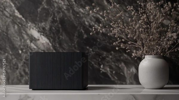 Fototapeta Dark gray cube on marble surface with dried flowers