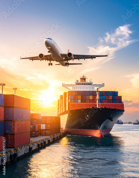 Fototapeta A cargo ship at a port with stacked containers and an airplane flying overhead at sunset, symbolizing global transportation and logistics