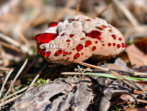 Fototapeta Close-up photo of bleeding tooth fungus Hydnellum peckii growing in forest.