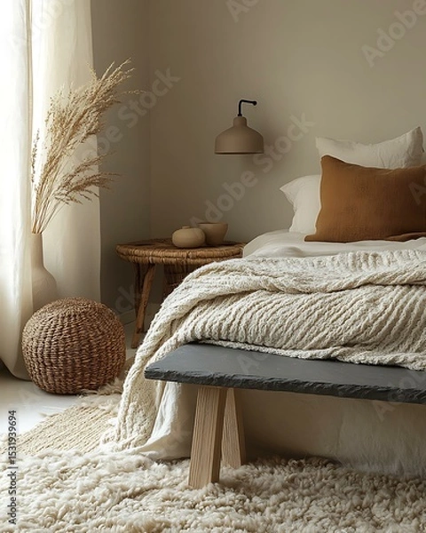 Obraz Stone and skin calm zone featuring slate bench, soft sheepskin rug, and matte clay bedside lamp Raw Soft Contrast Interior Natural Texture Balance Bedroom