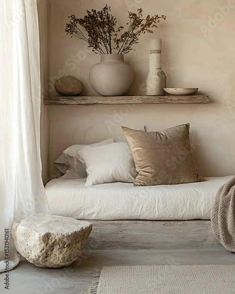 Obraz Stone and skin calm zone with floating stone shelf, velvet throw pillow, and low stacked bedding Raw Soft Contrast Interior Natural Texture Balance Bedroom
