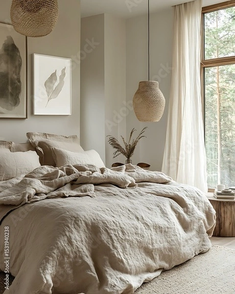 Obraz Stone and skin calm zone with sculptural rock decor, earth-toned bedding, and raw linen curtain Raw Soft Contrast Interior Natural Texture Balance Bedroom