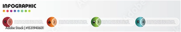 Fototapeta Minimal and modern infographic timeline with four circular steps in vibrant colors, perfect for business planning, data presentation, workflow, or process visualization.