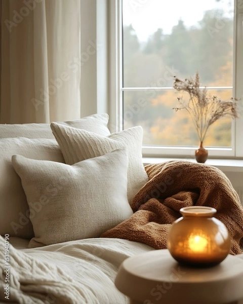 Obraz Climate emotion room styled with warm-tone winter mode, layered wool throws, and ember-glow lamps Responsive Seasonal Interior Design Mood Adaptive Wellness Space