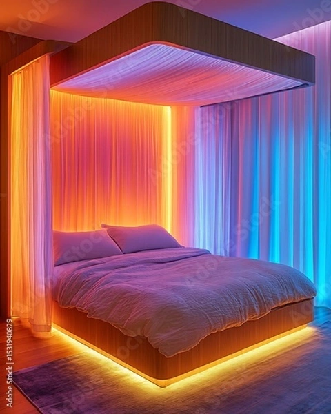 Obraz Climate emotion room with color-changing LED panels, linen duvet, and temperature-sensing curtains Responsive Seasonal Interior Design Mood Adaptive Wellness Space