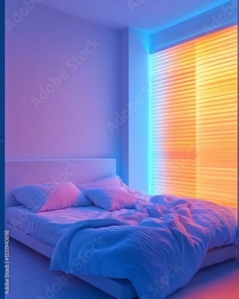 Obraz Climate emotion room with color-changing LED panels, linen duvet, and temperature-sensing curtains Responsive Seasonal Interior Design Mood Adaptive Wellness Space