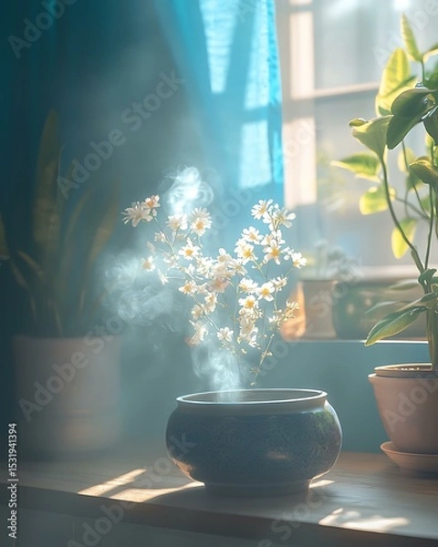 Obraz Ethereal ritual niche styled in soft fog-toned palette with halo backlight and herbal smoke mist Sacred Sleep Space Design Mystic Minimal Wellness Corner