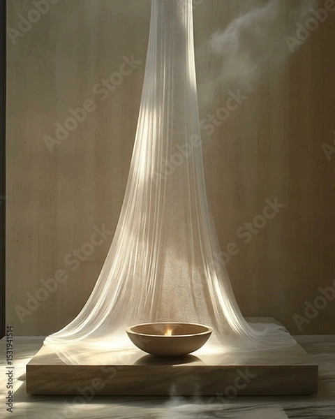 Obraz Ethereal ritual niche with floating gauze canopy, ceramic incense bowl, and soft glowing niche light Sacred Sleep Space Design Mystic Minimal Wellness Corner