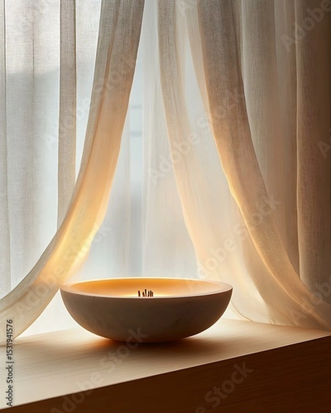 Obraz Ethereal ritual niche with floating gauze canopy, ceramic incense bowl, and soft glowing niche light Sacred Sleep Space Design Mystic Minimal Wellness Corner