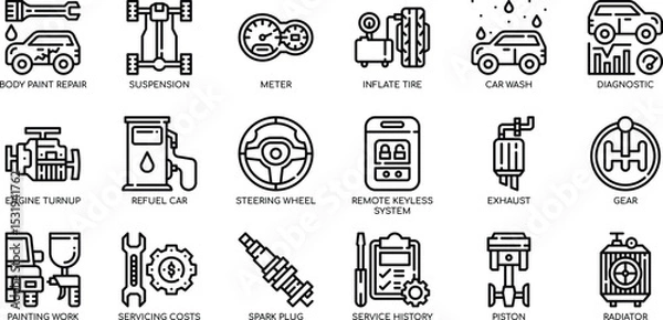 Obraz Ultimate Guide to Auto Repair Essential Car Parts and Maintenance Icons - Comprehensive Illustrated Guide for Mechanics and Car Enthusiasts