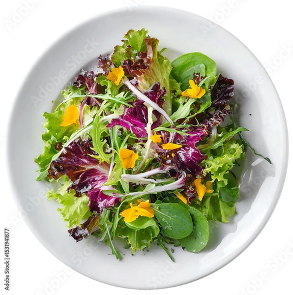 Fototapeta Fresh Green Lettuce Salad with Red and Yellow Cherry Tomatoes on White Plate Perfect for Healthy and Colorful Meal