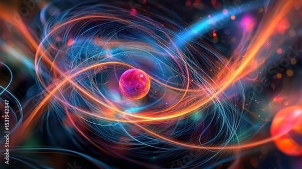 Fototapeta A vibrant digital illustration of an atom with glowing electrons orbiting a nucleus, showcasing energy and particle motion in a dynamic, colorful style.
