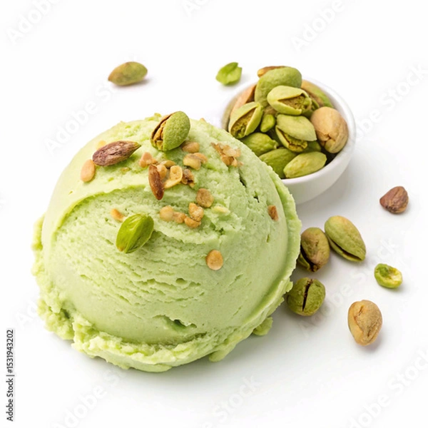 Fototapeta Appetizing image of a pistachio ice cream scoop, highlighting its main ingredient and creamy texture
