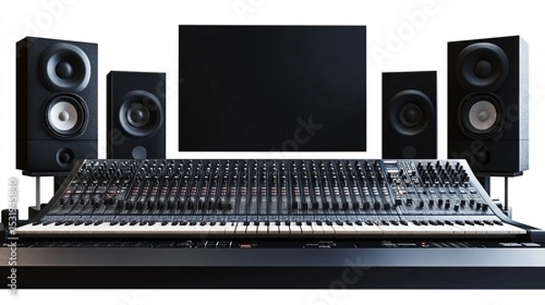 Obraz A professional audio mixing console with integrated keyboard, flanked by four studio monitors and a large central screen, all against a stark white background