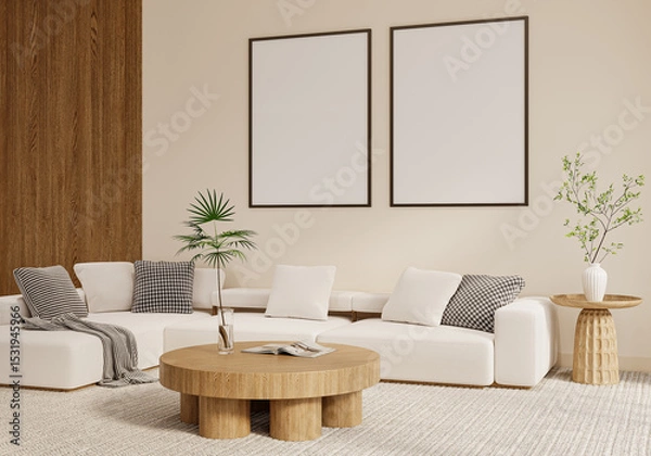 Fototapeta Double vertical frames mockup above white sofa in modern living room – wide front view