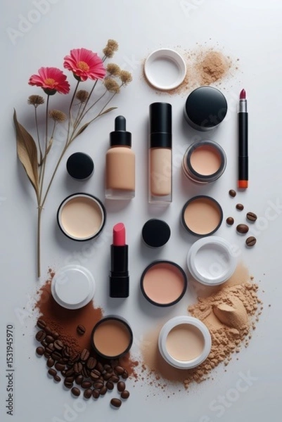 Obraz Artistic arrangement of makeup products including foundations, lipsticks, and floral elements on a flat surface, highlighting beauty essentials and creative design