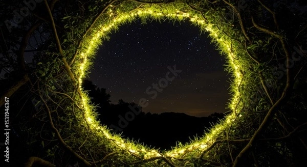 Fototapeta View through a circular opening of illuminated tree branches and leaves, revealing a starry night sky above a dark forest horizon.