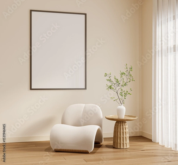 Fototapeta Modern beige reading corner with wood frame wall art mockup – front view