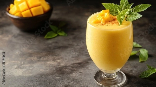 Obraz Smooth, vibrant yellow mango smoothie in a clear glass, garnished with mango chunks, cinnamon, and fresh basil leaves.  A wooden bowl of diced mango sits beside it on a dark textured surface