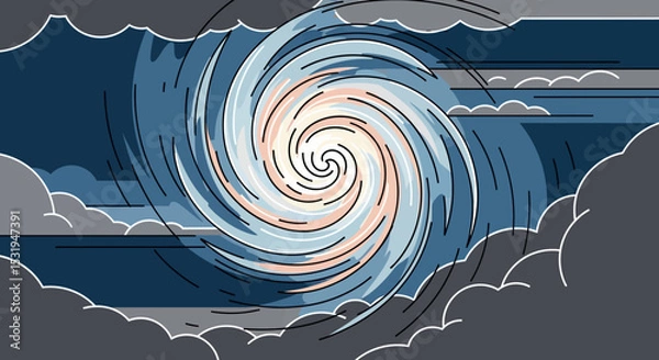 Fototapeta Illustration of a Powerful Hurricane in the Sky – Swirling Storm with Clouds and Wind Lines