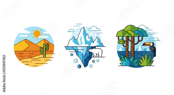 Fototapeta Ecosystem Illustration Set – Desert, Arctic, and Rainforest Biomes with Wildlife