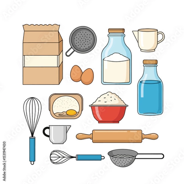 Fototapeta Baking Ingredients and Tools Vector Set – Flour, Eggs, Utensils, and Kitchenware