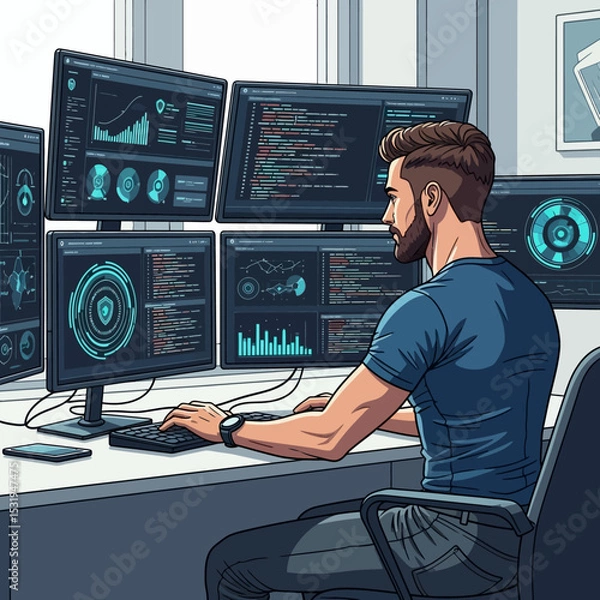 Fototapeta Tech Expert Monitoring Cybersecurity and Data Analytics on Multiple Screens