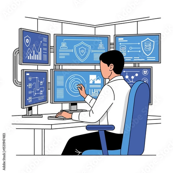 Fototapeta Cybersecurity Analyst Monitoring Multiple Data Screens in Control Room